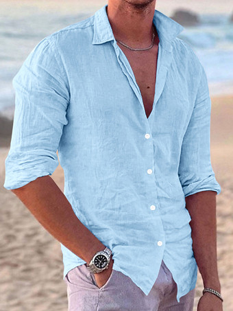 ライトスカイブルーメンズ 長袖 キューバシャツ ボタンダウン カジュアル 夏 ビーチ リネンシャツ
