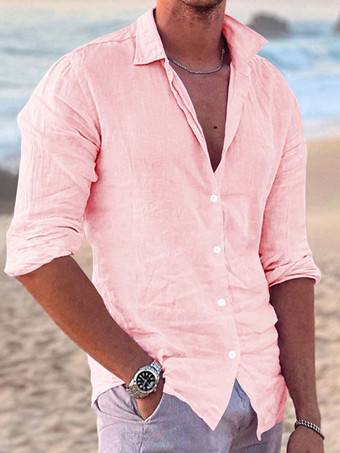 ライトピンクメンズ 長袖 キューバシャツ ボタンダウン カジュアル 夏 ビーチ リネンシャツ