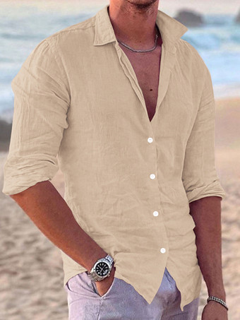 カーキ メンズ 長袖 キューバシャツ ボタンダウン カジュアル 夏 ビーチ リネンシャツ