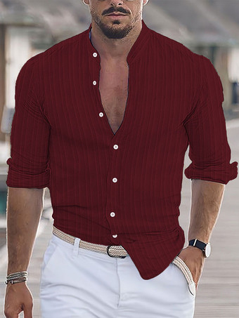 ワインレッド メンズ カジュアルシャツ スタンドカラー 長袖 ストライプ ボタンダウンシャツ