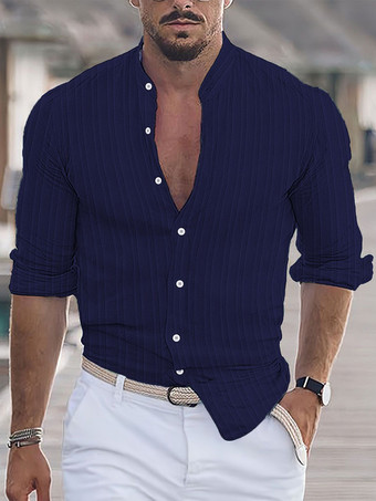 ダークネイビーメンズ カジュアルシャツ スタンドカラー 長袖 ストライプ ボタンダウンシャツ