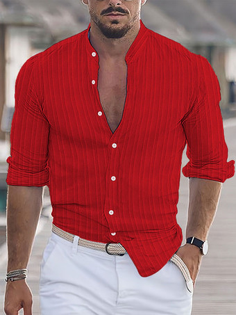 レッド メンズ カジュアルシャツ スタンドカラー 長袖 ストライプ ボタンダウンシャツ