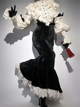 ブラック ゴシックロリータ衣装 ブラックカラーブロックレースフリル長袖トップススカート