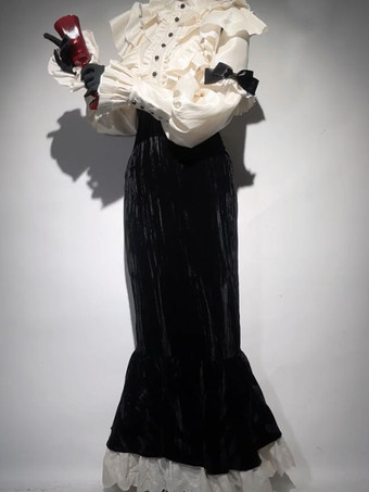 ゴシックロリータ衣装 ブラックカラーブロックレースフリル長袖トップススカート