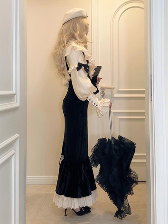 ゴシックロリータ衣装 ブラックカラーブロックレースフリル長袖トップススカート