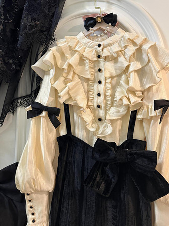 ゴシックロリータ衣装 ブラックカラーブロックレースフリル長袖トップススカート