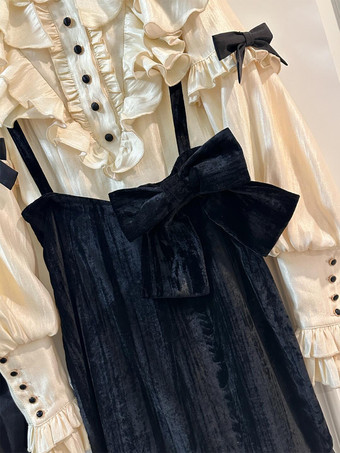 ゴシックロリータ衣装 ブラックカラーブロックレースフリル長袖トップススカート