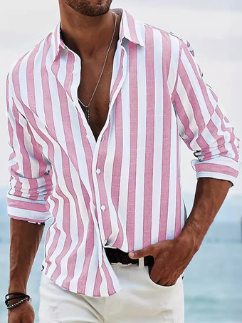 ピンク男性用カジュアルシャツ ターンダウンカラー ストライプ 長袖 メンズシャツ