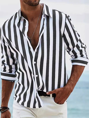 ブラック 男性用カジュアルシャツ ターンダウンカラー ストライプ 長袖 メンズシャツ