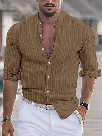 ブラウン メンズ カジュアルシャツ スタンドカラー 長袖 ストライプ ボタンダウンシャツ