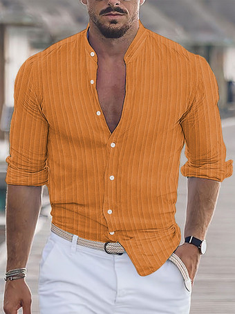 オレンジメンズ カジュアルシャツ スタンドカラー 長袖 ストライプ ボタンダウンシャツ