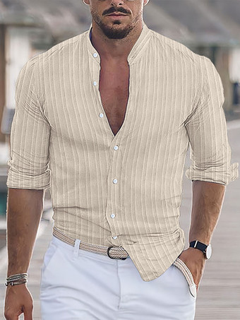 ライト アプリコットメンズ カジュアルシャツ スタンドカラー 長袖 ストライプ ボタンダウンシャツ