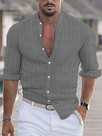 ダークグレー メンズ カジュアルシャツ スタンドカラー 長袖 ストライプ ボタンダウンシャツ
