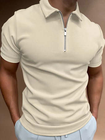 カーキ メンズ ポロシャツ ターンダウンカラー 半袖 ジッパー レギュラーフィット Tシャツ