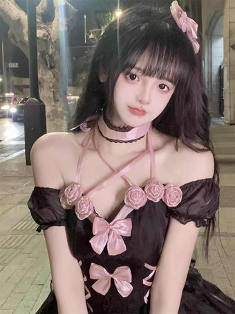 エレガントなゴシックロリータドレス レースアップ リボン カラー ブラック ピンク ロリータ JSK