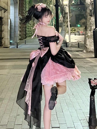 エレガントなゴシックロリータドレス レースアップ リボン カラー ブラック ピンク ロリータ JSK