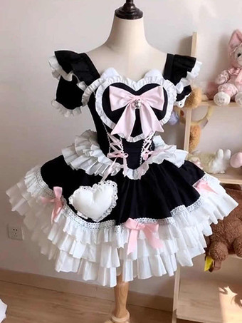 Abiti Gothic Lolita con lacci e volant colore nero abito vintage Sweet Lolita