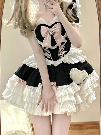 Abiti Gothic Lolita con lacci e volant colore nero abito vintage Sweet Lolita