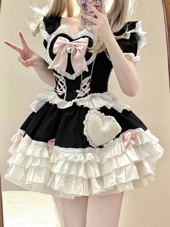 Abiti Gothic Lolita con lacci e volant colore nero abito vintage Sweet Lolita