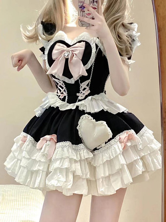 Abiti Gothic Lolita con lacci e volant colore nero abito vintage Sweet Lolita