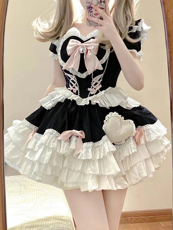 Nero Abiti Gothic Lolita con lacci e volant colore nero abito vintage Sweet Lolita