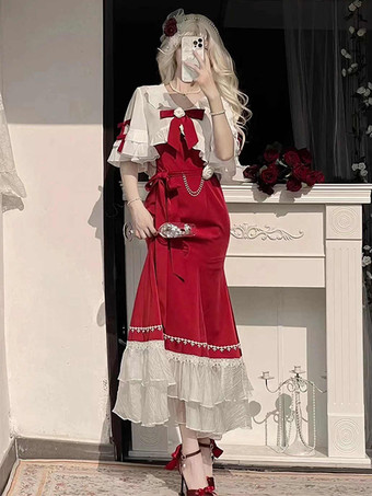 ゴシック ロリータ ドレス フリル リボン 赤 クラシック ロリータ ドレス
