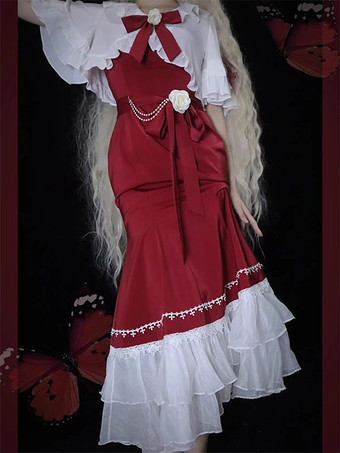 ゴシック ロリータ ドレス フリル リボン 赤 クラシック ロリータ ドレス