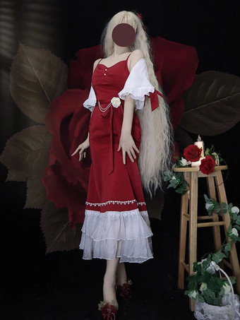 ゴシック ロリータ ドレス フリル リボン 赤 クラシック ロリータ ドレス