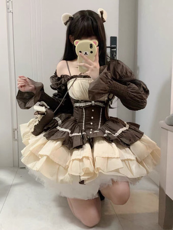 スイートロリータドレス ティアードフリル カラーブロック ディープブラウン バレエロリータドレス