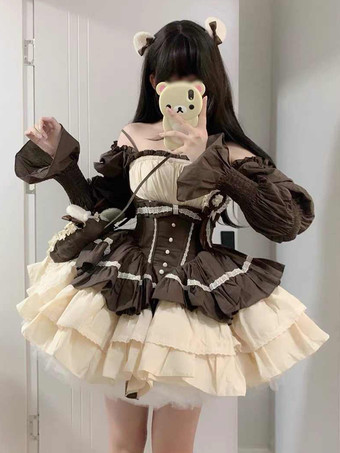 スイートロリータドレス ティアードフリル カラーブロック ディープブラウン バレエロリータドレス