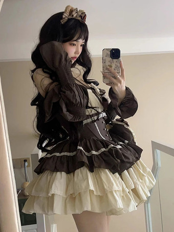 スイートロリータドレス ティアードフリル カラーブロック ディープブラウン バレエロリータドレス