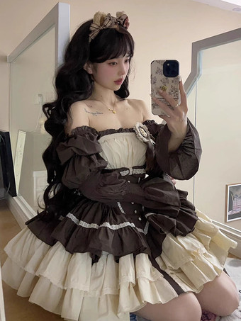 スイートロリータドレス ティアードフリル カラーブロック ディープブラウン バレエロリータドレス
