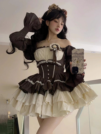 スイートロリータドレス ティアードフリル カラーブロック ディープブラウン バレエロリータドレス