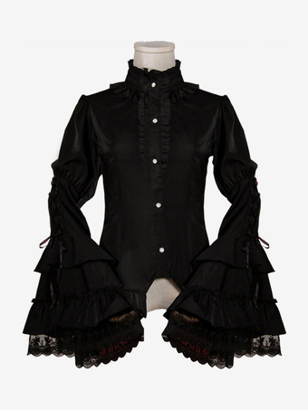 ゴシックロリータブラウス ホワイトロリータトップス 長袖 フリル レースロリータシャツ