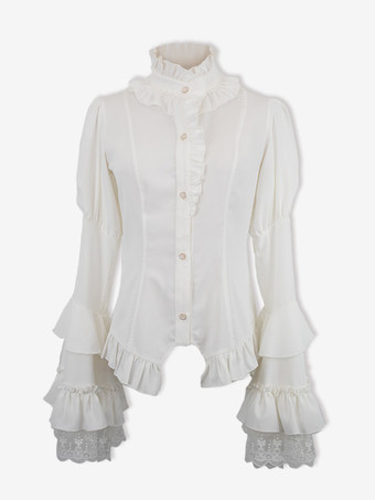 ゴシックロリータブラウス ホワイトロリータトップス 長袖 フリル レースロリータシャツ