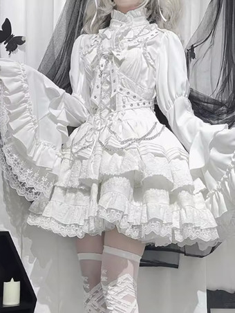 ホワイト ゴシックロリータブラウス ホワイトロリータトップス 長袖 フリル レースロリータシャツ