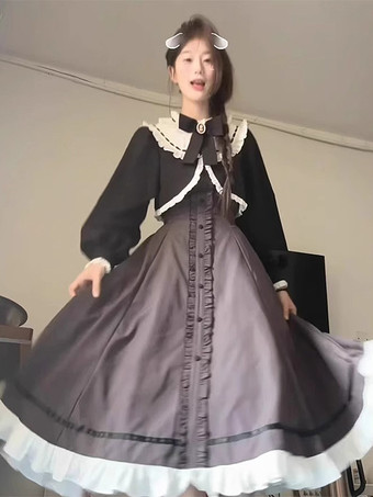 クラシックロリータドレス フリル リボン カラー ブラック ロリータドレス