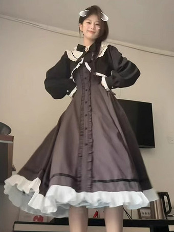 クラシックロリータドレス フリル リボン カラー ブラック ロリータドレス