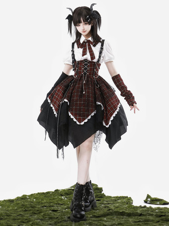 ゴシックロリータ衣装 バーガンディ チェック柄 レースアップ グロメット 半袖 スカート ブラウス