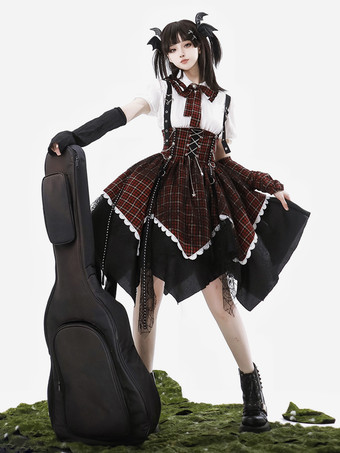 ゴシックロリータ衣装 バーガンディ チェック柄 レースアップ グロメット 半袖 スカート ブラウス