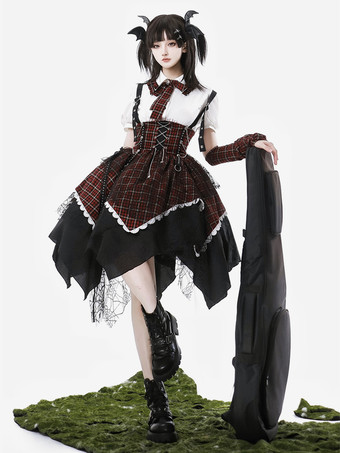 ゴシックロリータ衣装 バーガンディ チェック柄 レースアップ グロメット 半袖 スカート ブラウス