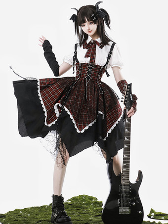 ワインレッド ゴシックロリータ衣装 バーガンディ チェック柄 レースアップ グロメット 半袖 スカート ブラウス