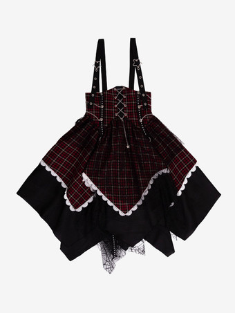 ゴシックロリータ衣装 バーガンディ チェック柄 レースアップ グロメット 半袖 スカート ブラウス