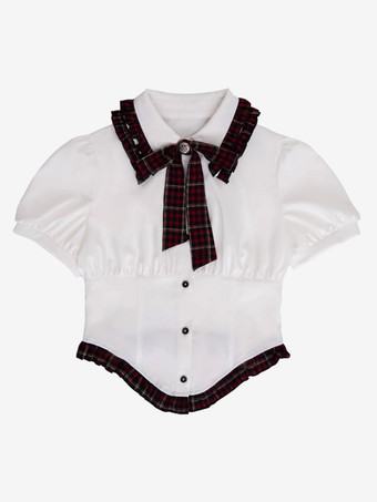 ゴシックロリータ衣装 バーガンディ チェック柄 レースアップ グロメット 半袖 スカート ブラウス