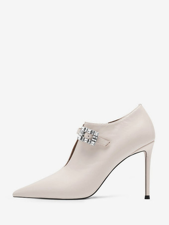 Ecru WhiteBlack Ankle Boots Rhinestones Cut Out High Heel Party Boots For Women