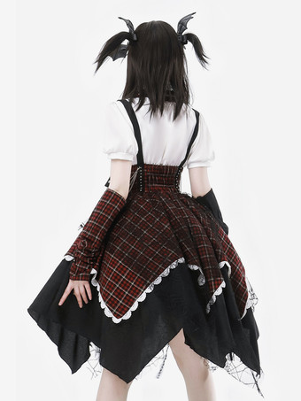 ゴシックロリータ衣装 バーガンディ チェック柄 レースアップ グロメット 半袖 スカート ブラウス