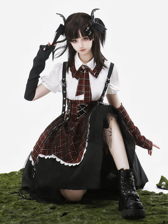 ゴシックロリータ衣装 バーガンディ チェック柄 レースアップ グロメット 半袖 スカート ブラウス