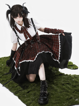 ゴシックロリータ衣装 バーガンディ チェック柄 レースアップ グロメット 半袖 スカート ブラウス