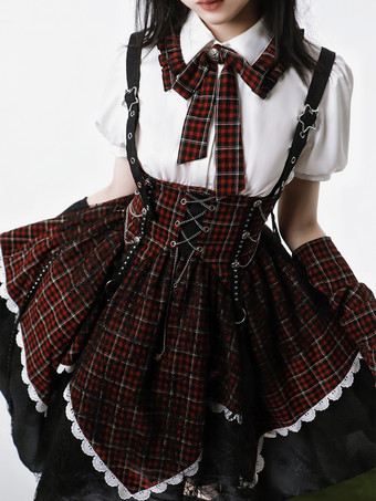 ゴシックロリータ衣装 バーガンディ チェック柄 レースアップ グロメット 半袖 スカート ブラウス