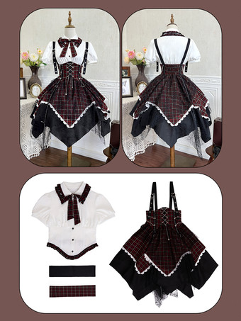 ゴシックロリータ衣装 バーガンディ チェック柄 レースアップ グロメット 半袖 スカート ブラウス